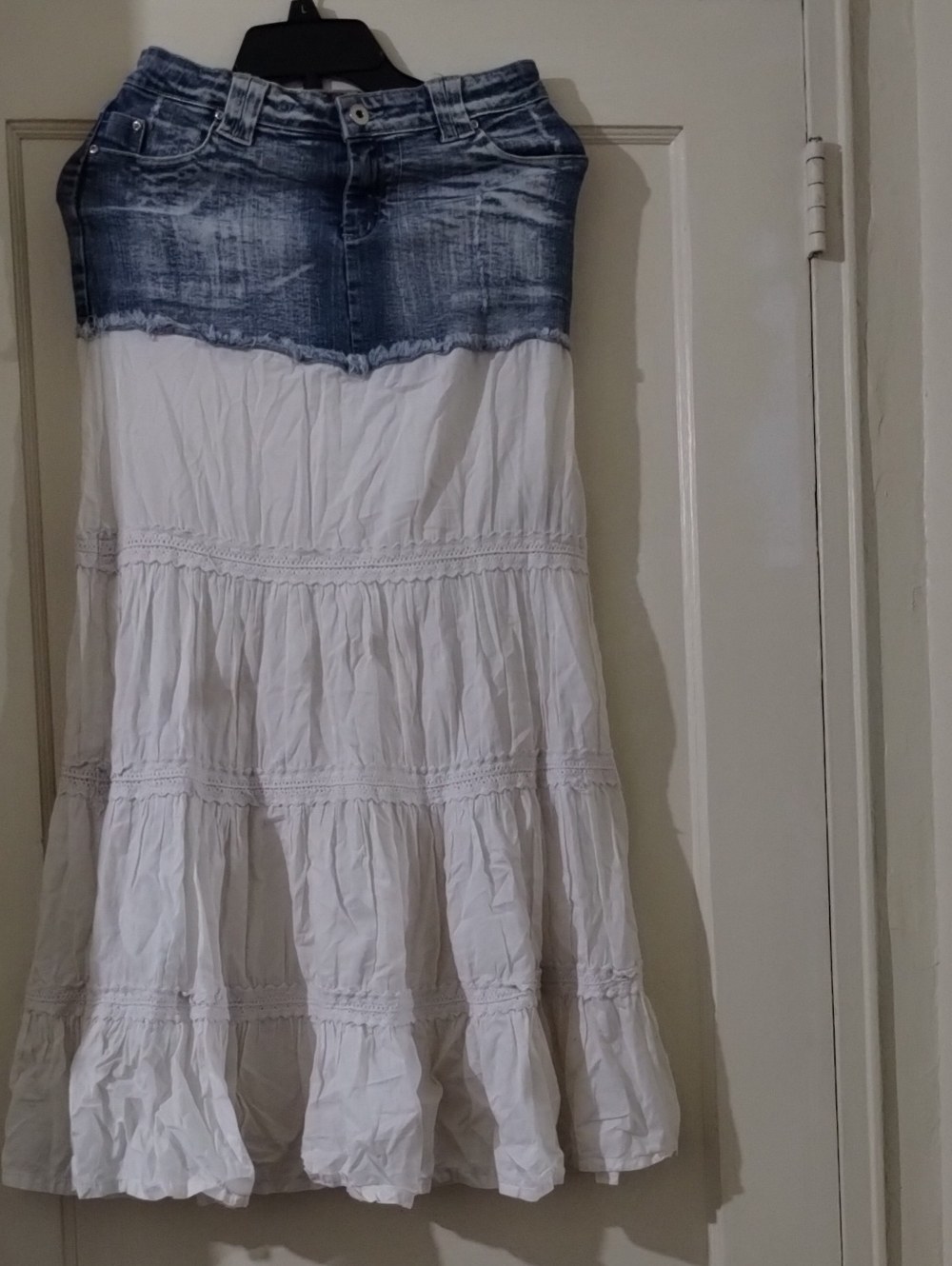 Denim-Waist White Tiered Maxi Skirt
